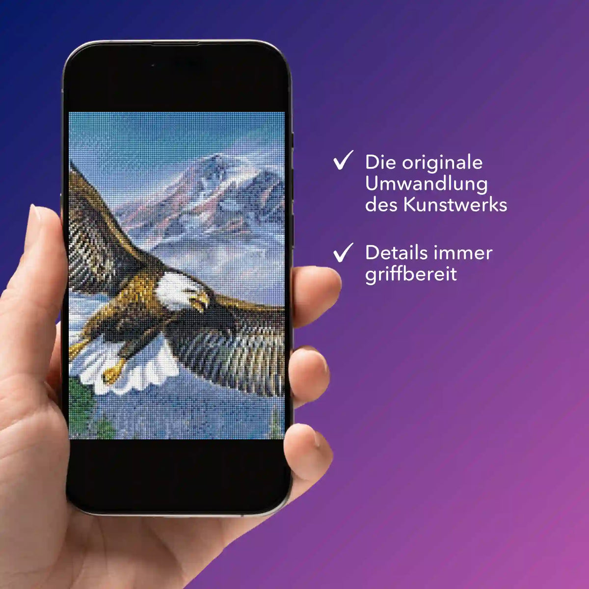 Digitale Diamond Painting Vorlage mit Adler-Motiv für kreative Kunstwerke auf dem Smartphone.