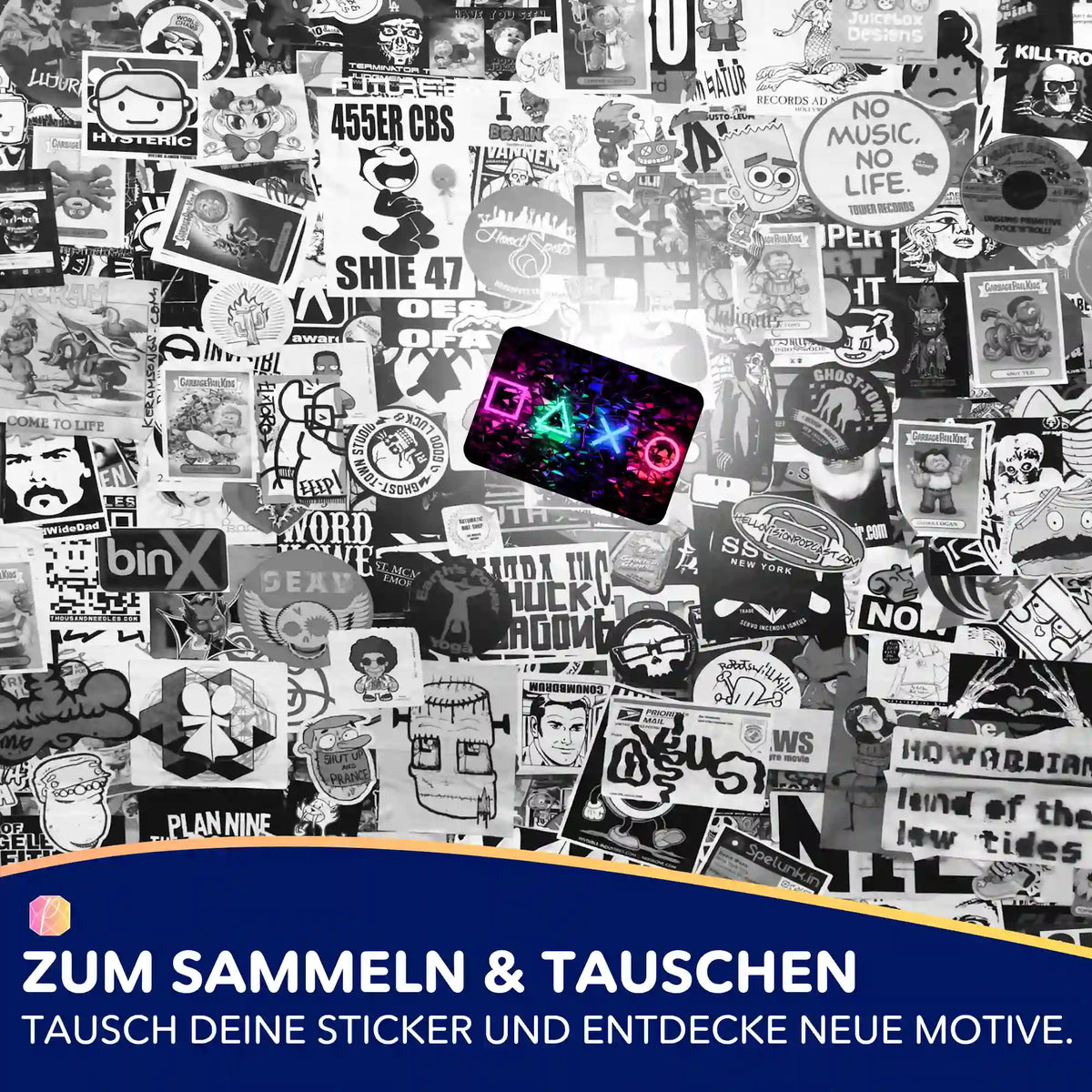 Picmondoo Aufkleber-Set mit Neon-Controller-Sticker auf einer Collage aus verschiedenen Gaming- und Motiv-Stickern
