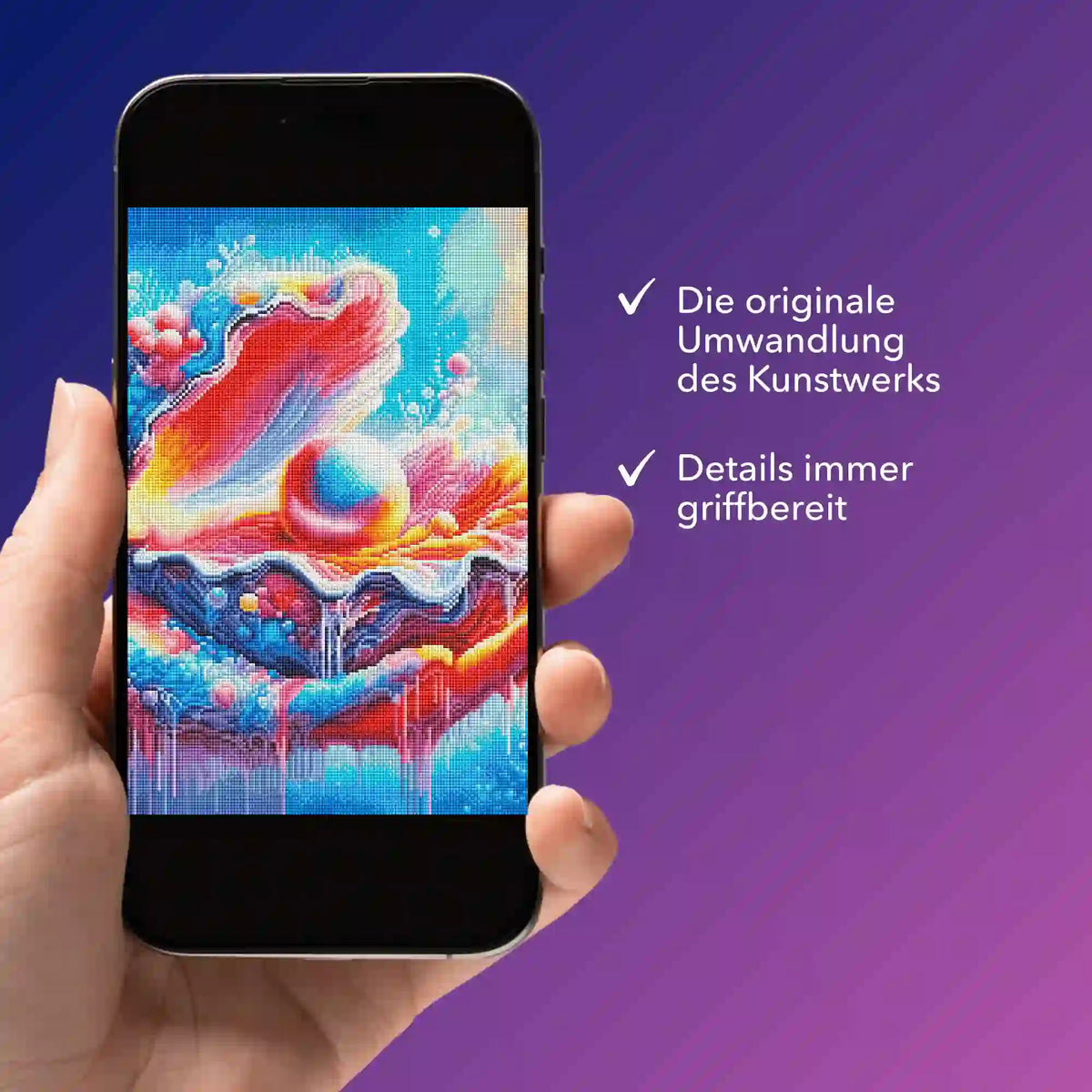 Digitale Diamond Painting Bildmappe Zauber des Meeres auf Smartphone mit detailliertem Motiv in bunten Farben