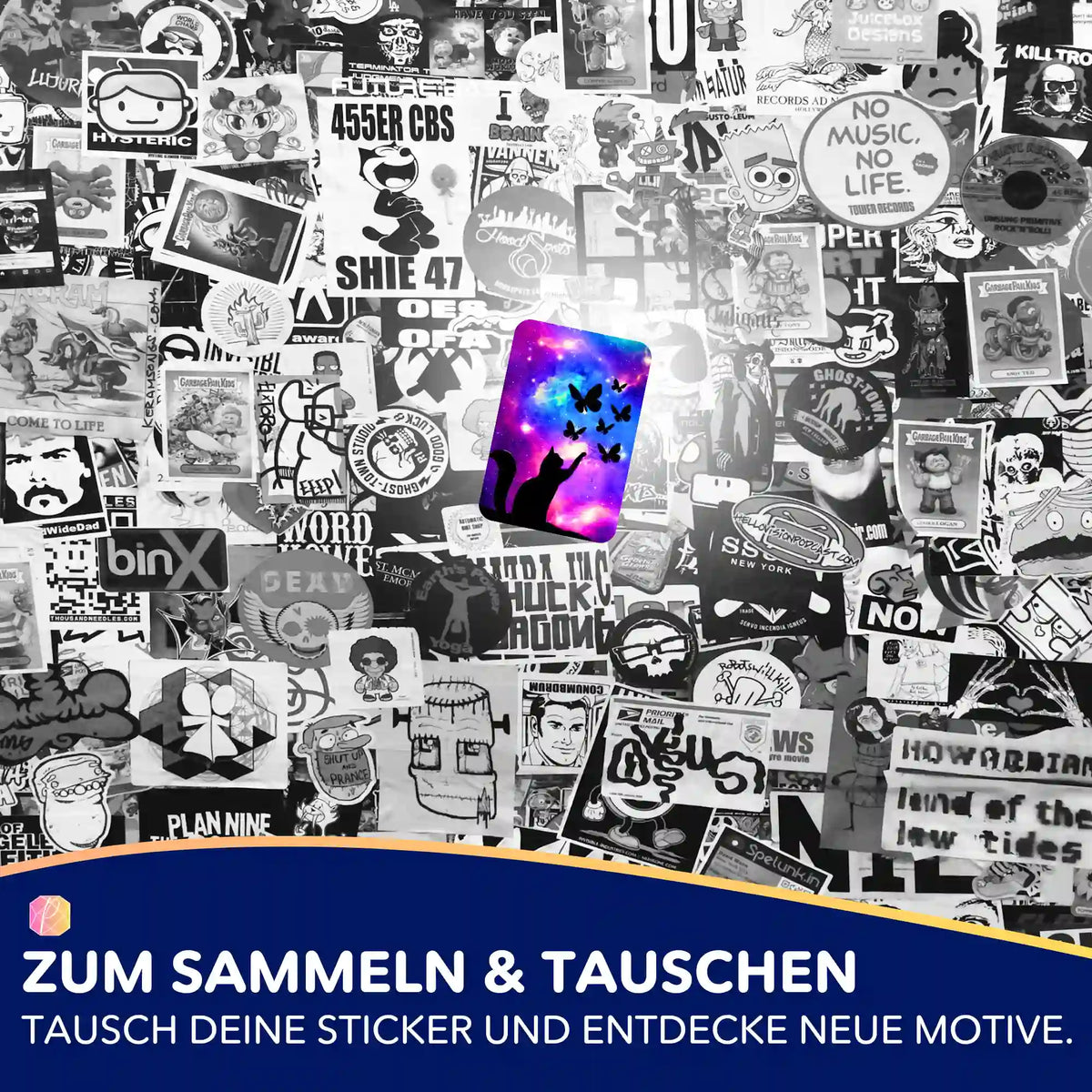 Buntes Schmetterling Diamond Painting Aufkleber-Set von Picmondoo vor einer schwarz-weißen Stickerkollage