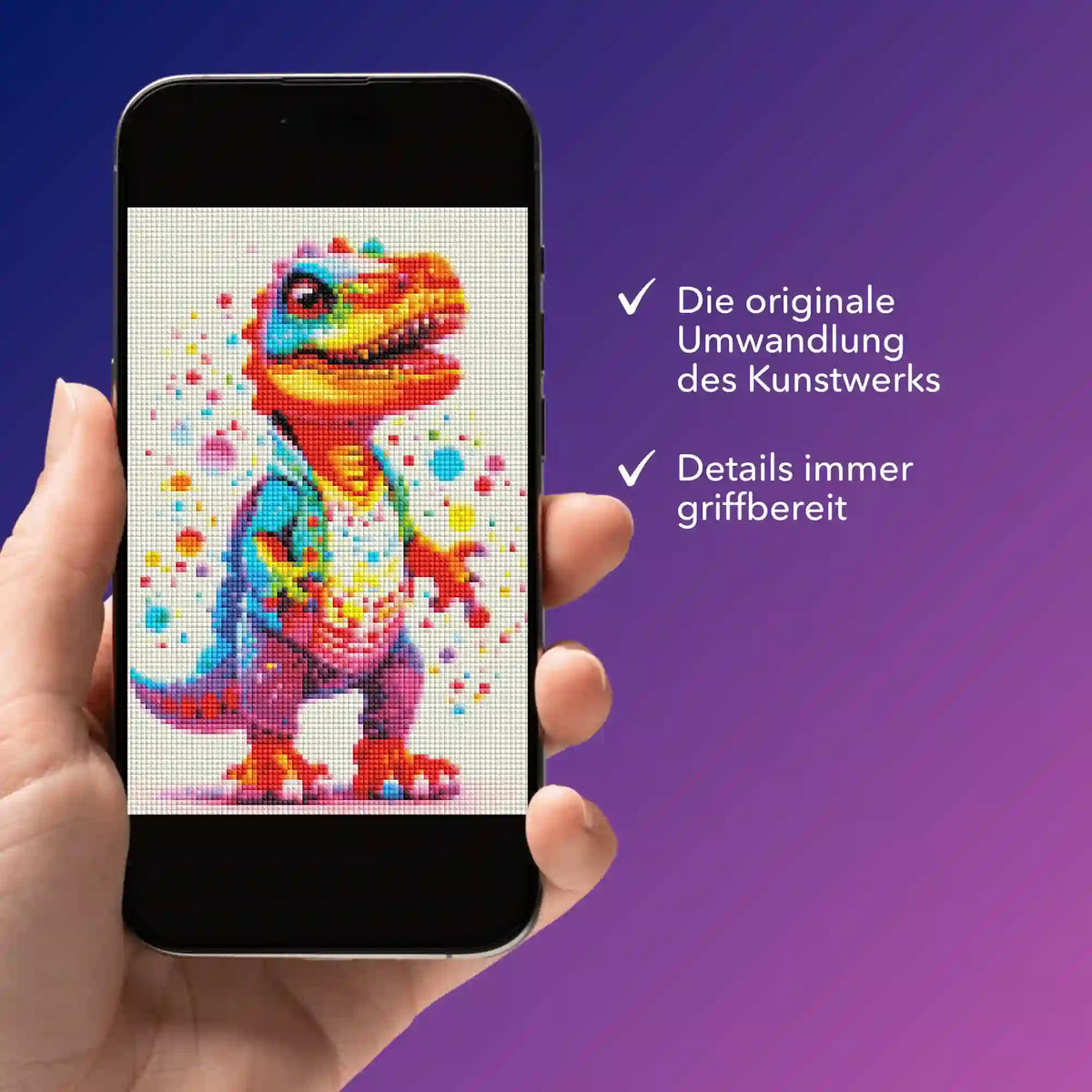 Digitale Bildmappe auf Smartphone mit buntem Diamond Painting Dinosaurier Motiv für kreative DIY-Projekte