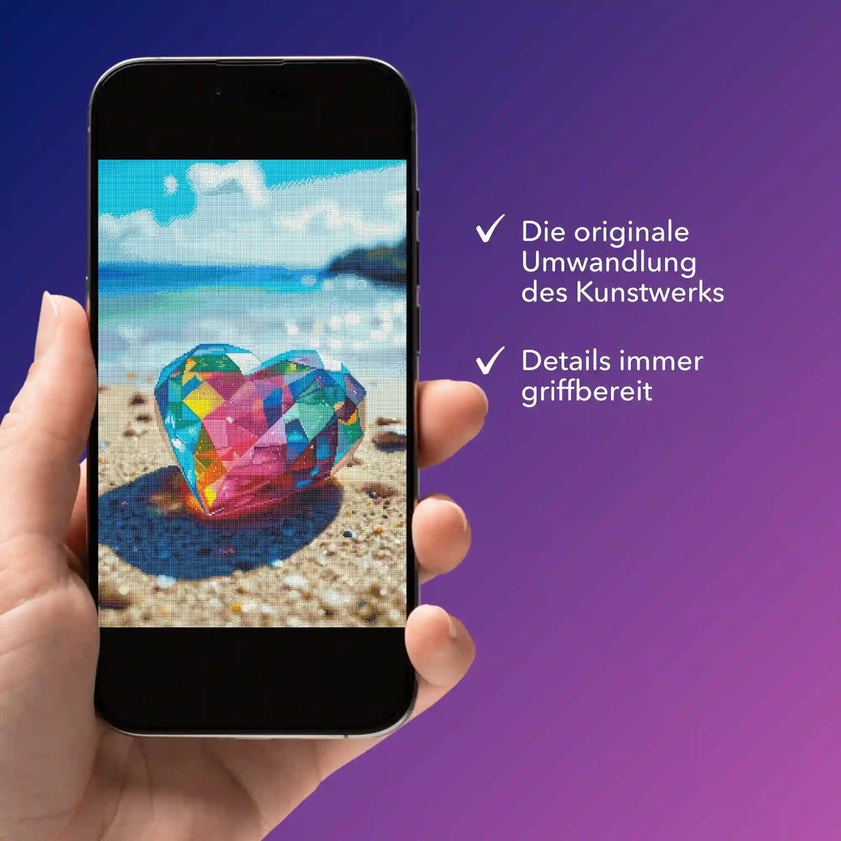 Digitale Diamond Painting Vorlage Crystal Heart auf Smartphone zur einfachen Übersicht für dein kreatives DIY-Projekt.