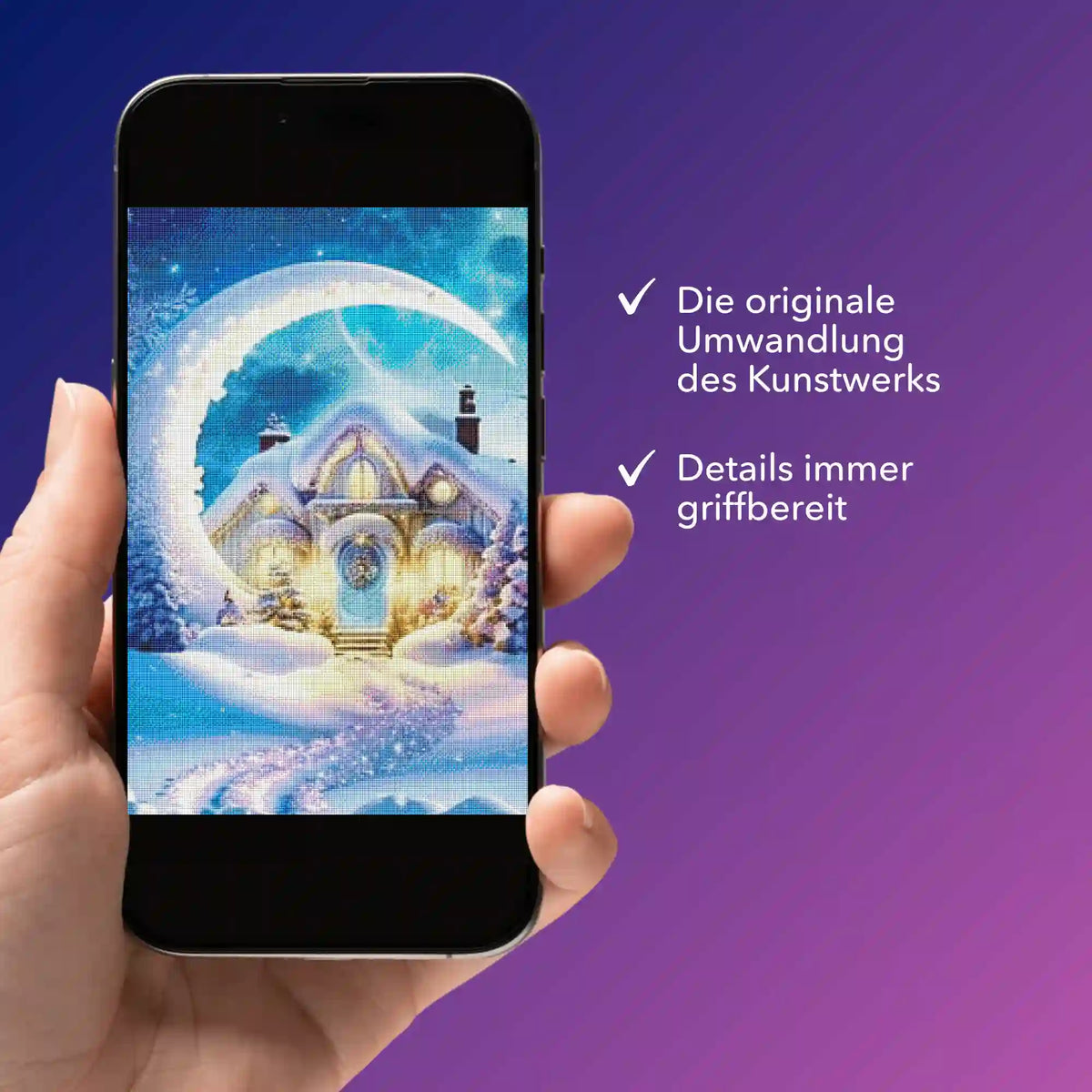 Digitale Diamond Painting Bildmappe als PDF mit winterlichem Mond-Motiv auf dem Smartphone für kreative Bastler.