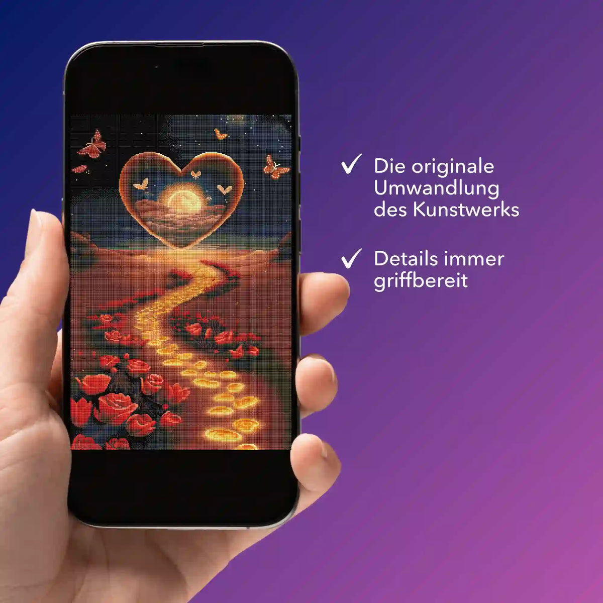 Digitale Bildmappe für Diamond Painting Motiv Weg der Liebe auf Smartphone mit Werkzeugdetails für DIY-Bastelsets