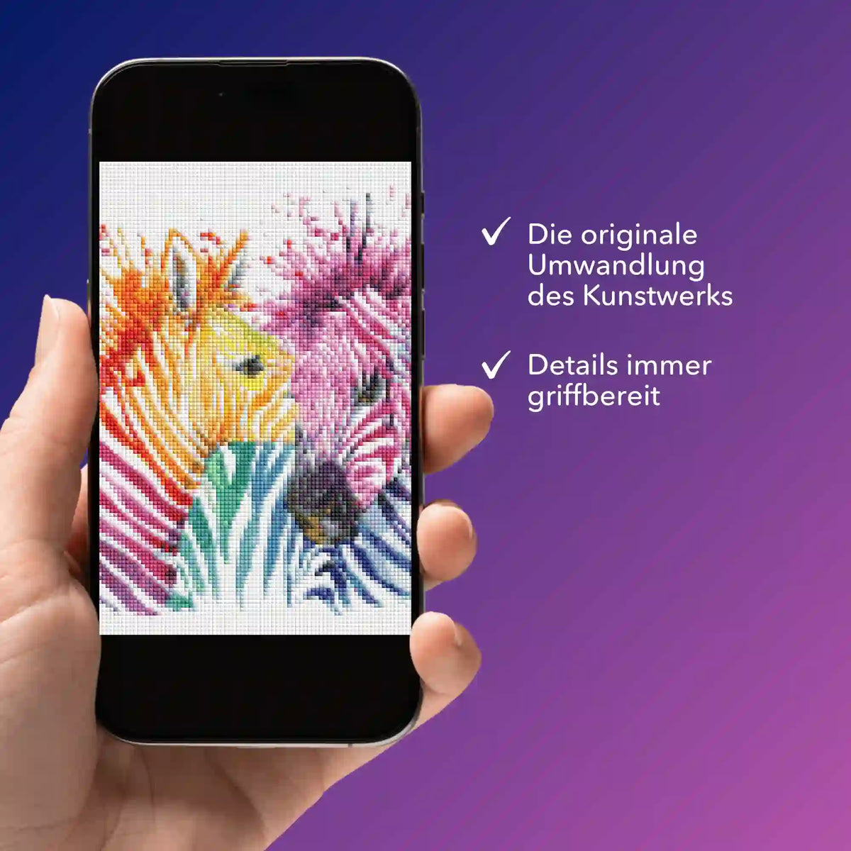 Digitale Picmondoo Bildmappe mit buntem Zebra Diamond Painting Motiv als PDF auf Smartphone für komfortable Details.