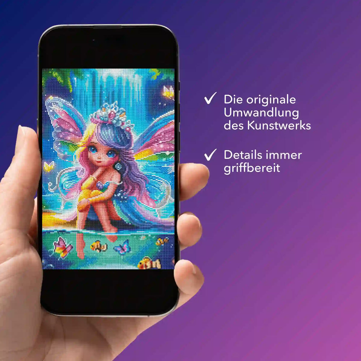 Digitale Diamond Painting Vorlage Elfenteich auf Smartphone für einfache Orientierung bei deinem DIY-Kunstwerk