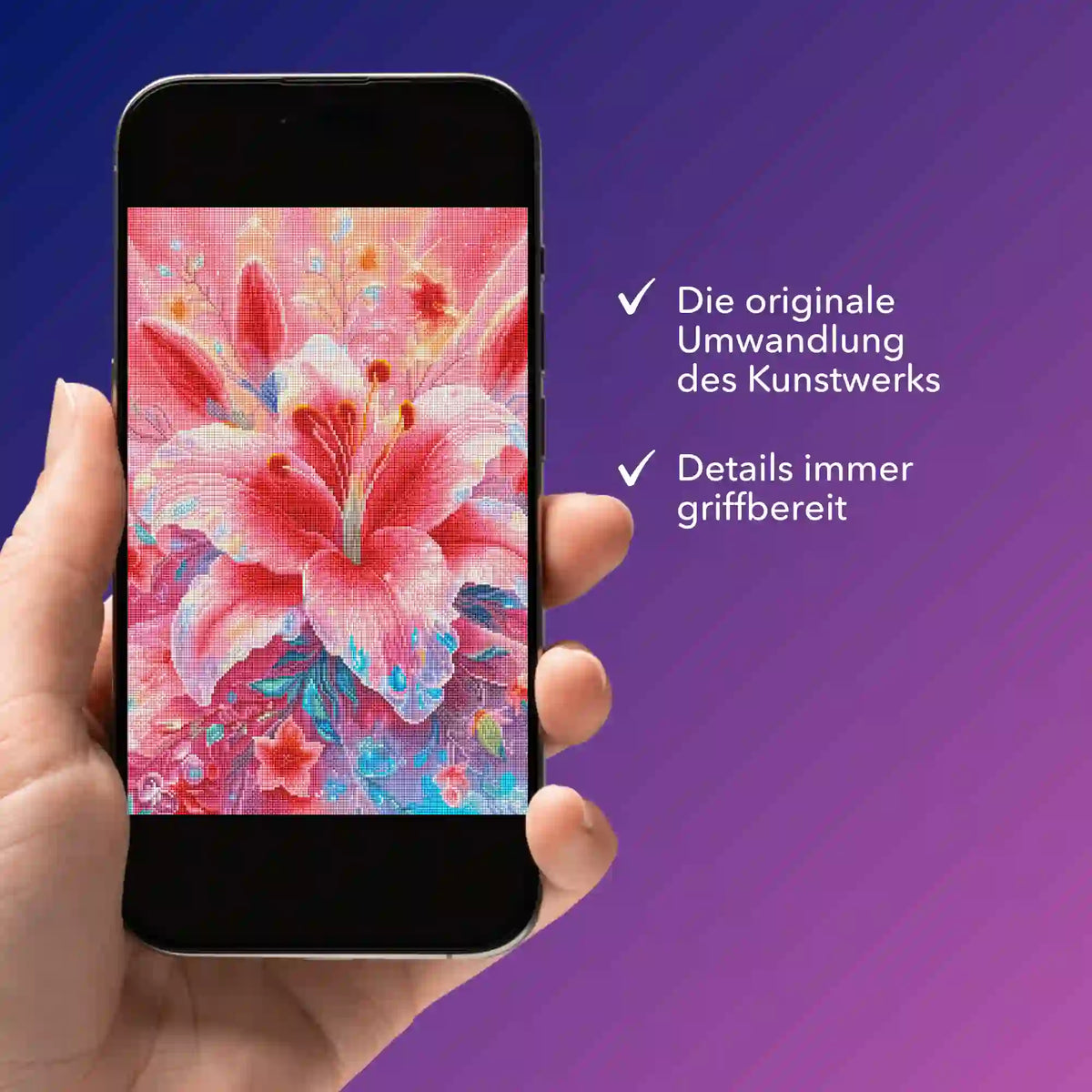 Digitale Bildmappe auf Smartphone mit Zarte Lilie Motiv für Diamond Painting und kreative DIY-Projekte