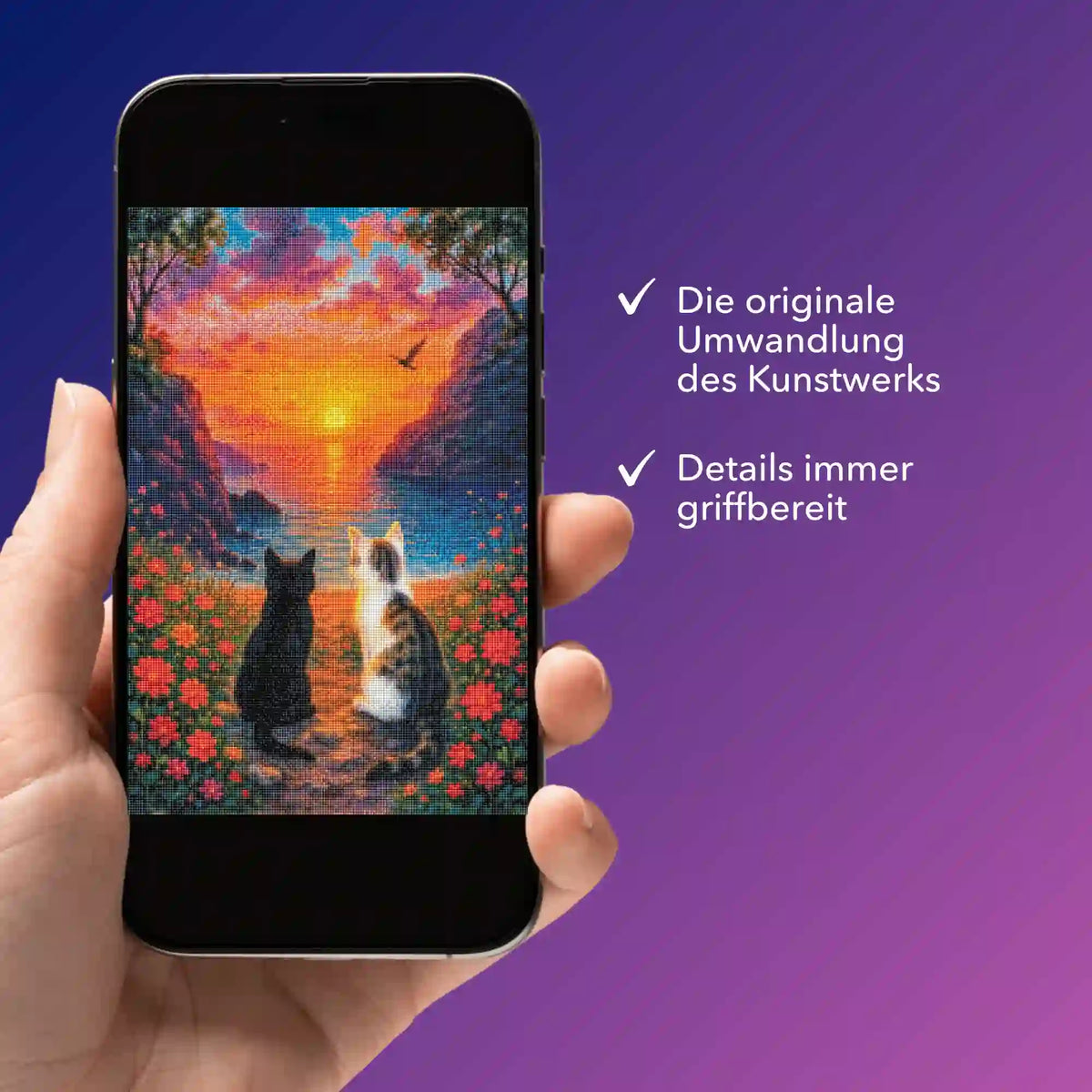 Digitale Diamond Painting Bildmappe mit Katzen-Motiv bei Sonnenuntergang als PDF für dein DIY-Projekt auf dem Smartphone.