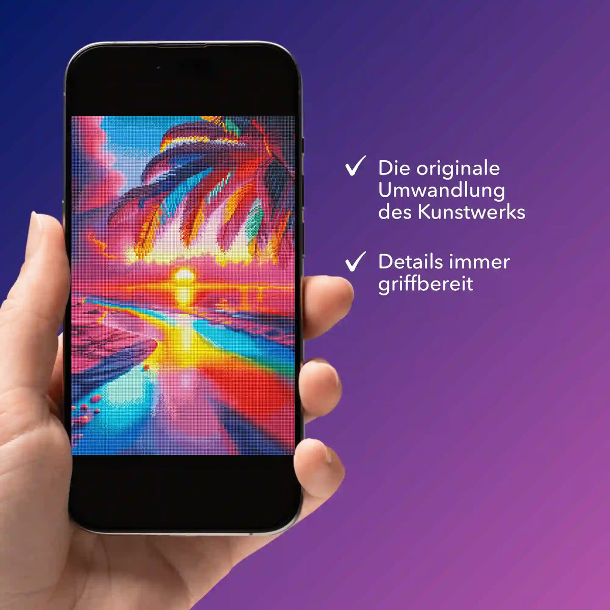 Digitale Diamond Painting Vorlage als Zauberstrand Motiv auf Smartphone für kreative Diamond Painting Projekte