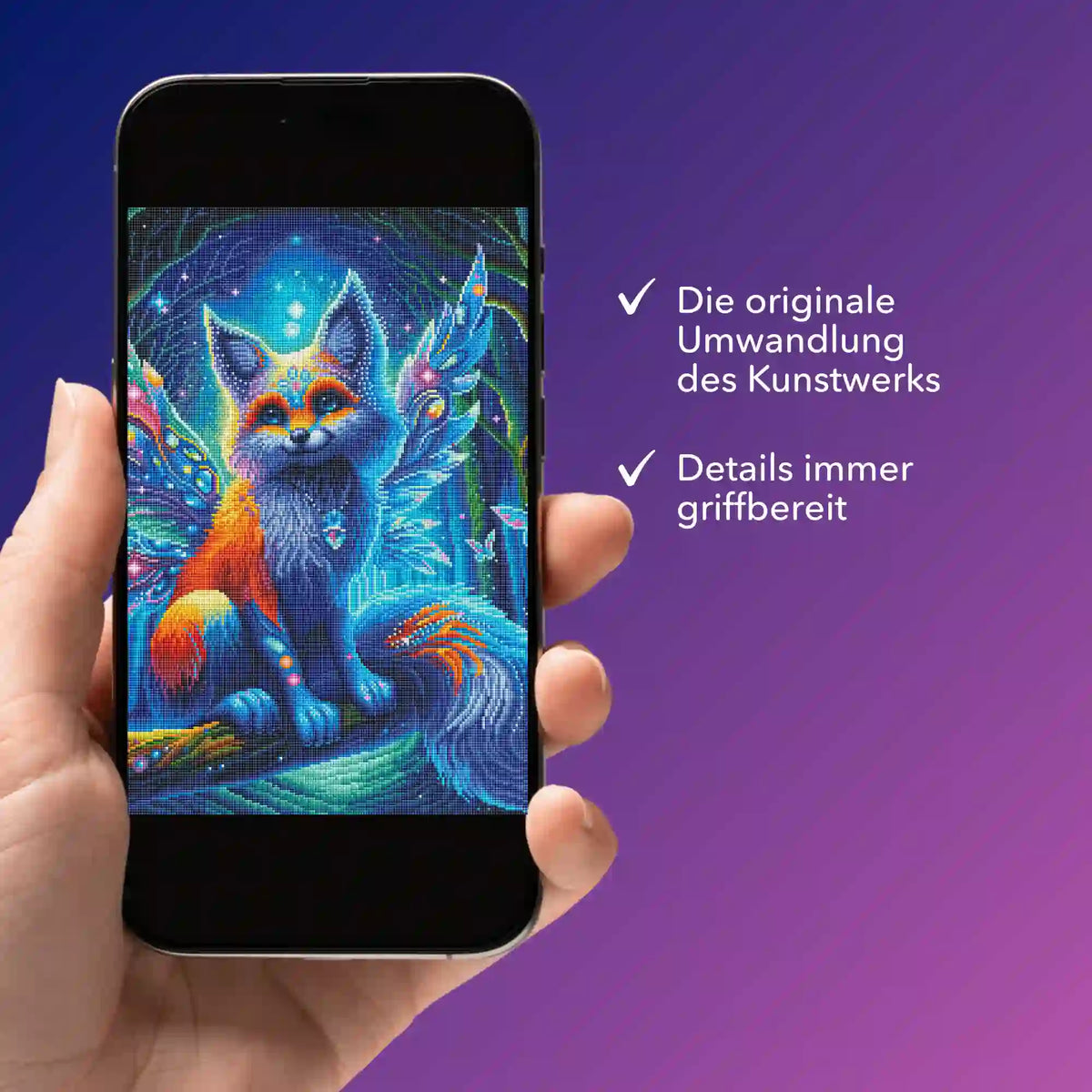 Digitale Diamond Painting Vorlage Fairy Fox auf Smartphone für bequemen Zugriff beim Diamanten Painting