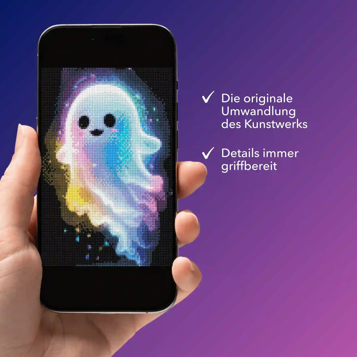 Digitale Bildmappe auf Smartphone mit buntem Diamond Painting Motiv Kleines Gespenst für dein DIY-Projekt