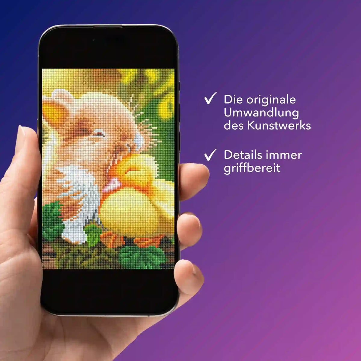 Digitale Diamond Painting Bildmappe auf Smartphone mit niedlichem Hasen-Küken-Motiv für kreative DIY-Projekte