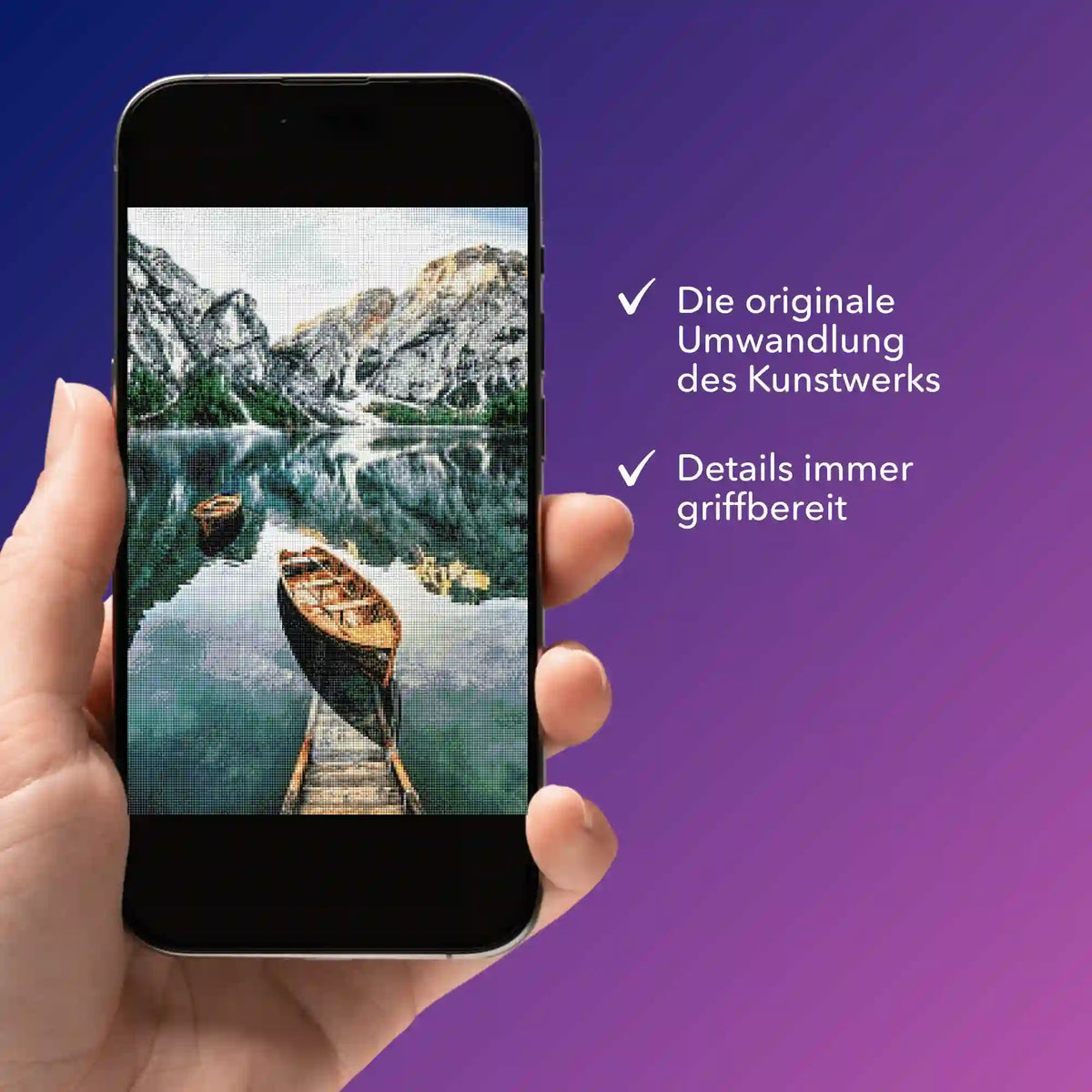 Digitale Diamond Painting Bildmappe mit Motiv Boot am See auf Smartphone Display für DIY-Projekte