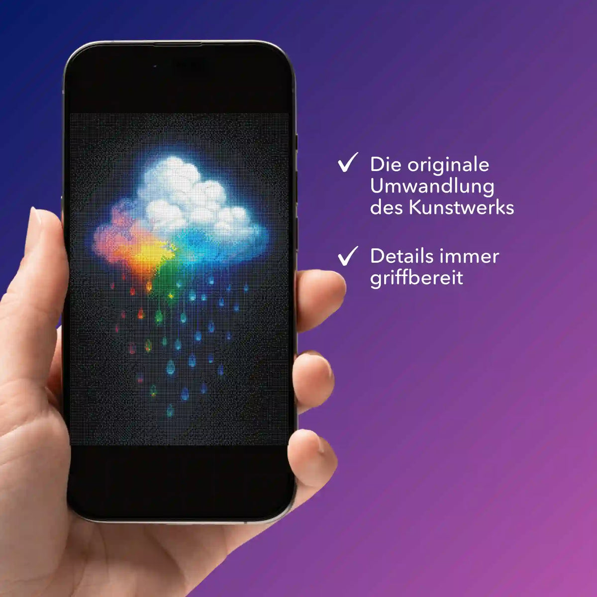 Digitale Diamond Painting Vorlage einer Regenbogenwolke auf Smartphone zur einfachen Übersicht des kreativen Bastelsets
