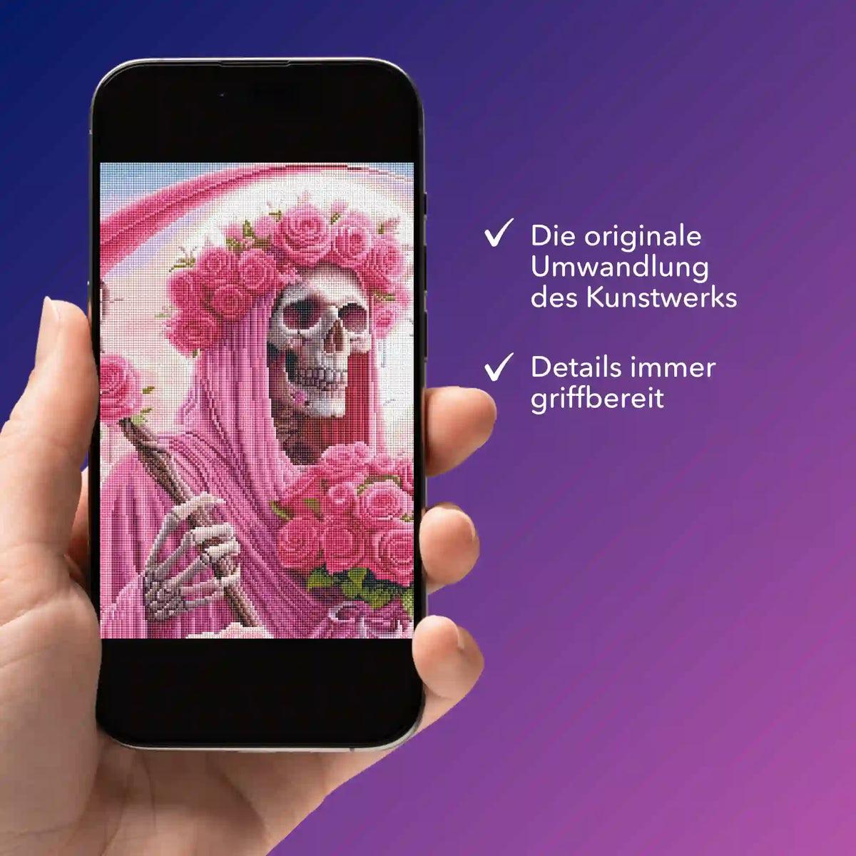 Digitale Bildmappe für Diamond Painting Design Rosenträume mit Totenkopf und Rosen-Motiv auf Smartphone-Display