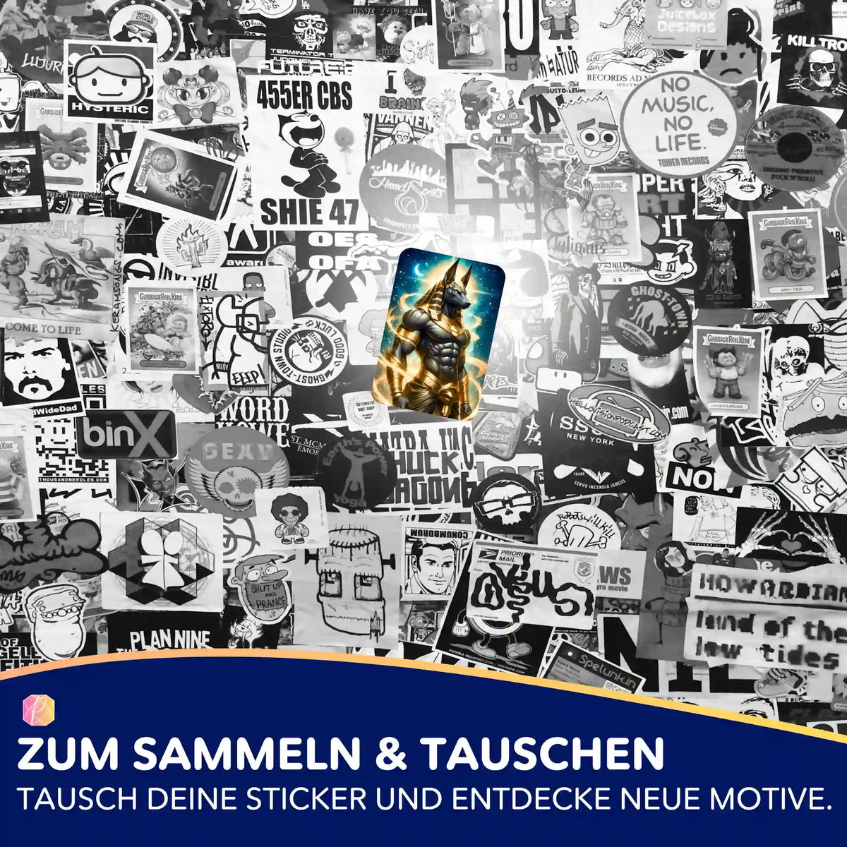 Anubis Sticker aus dem Picmondoo Diamond Painting Set zur Organisation von Bastelzubehör auf einer Collage aus Stickern.