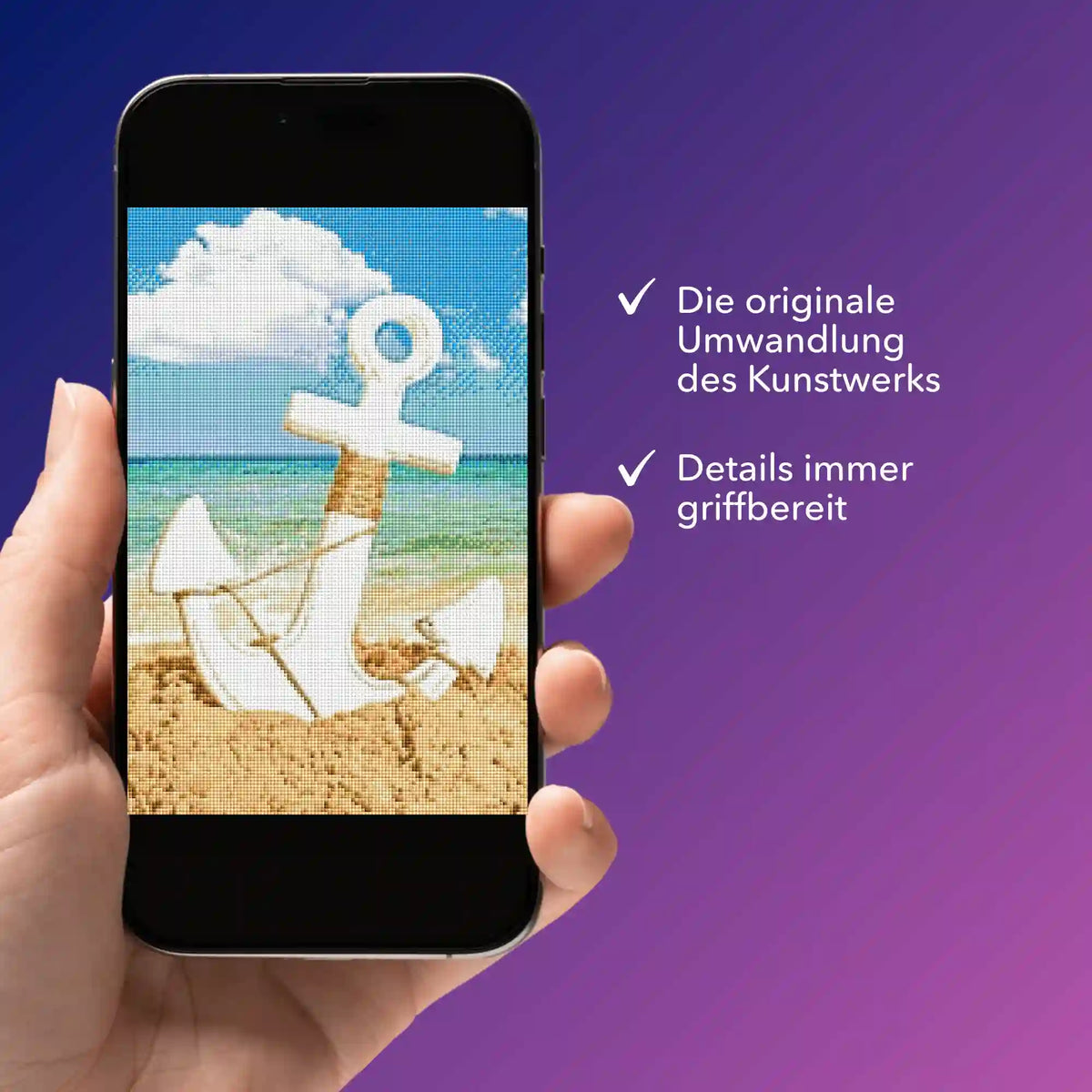Digitale Diamond Painting Bildmappe mit Anker Motiv auf dem Smartphone für kreative DIY Kunstwerke von Picmondoo