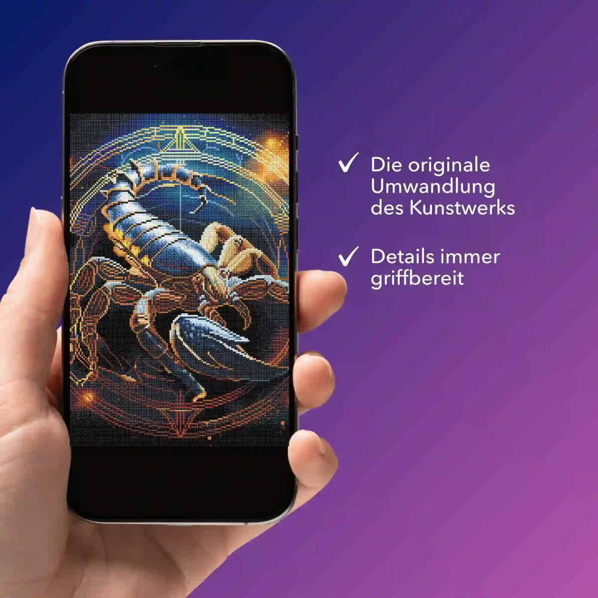 Digitale Diamond Painting Vorlage Sternzeichen Skorpion auf Smartphone für dein nächstes DIY Projekt von Picmondoo.