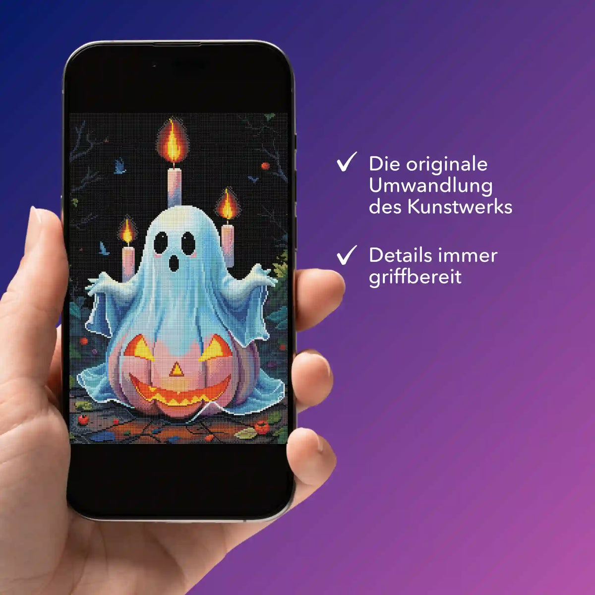 Digitale Diamond Painting Vorlage mit Geist- und Kürbis-Motiv auf einem Smartphone als PDF-Bildmappe von Picmondoo.