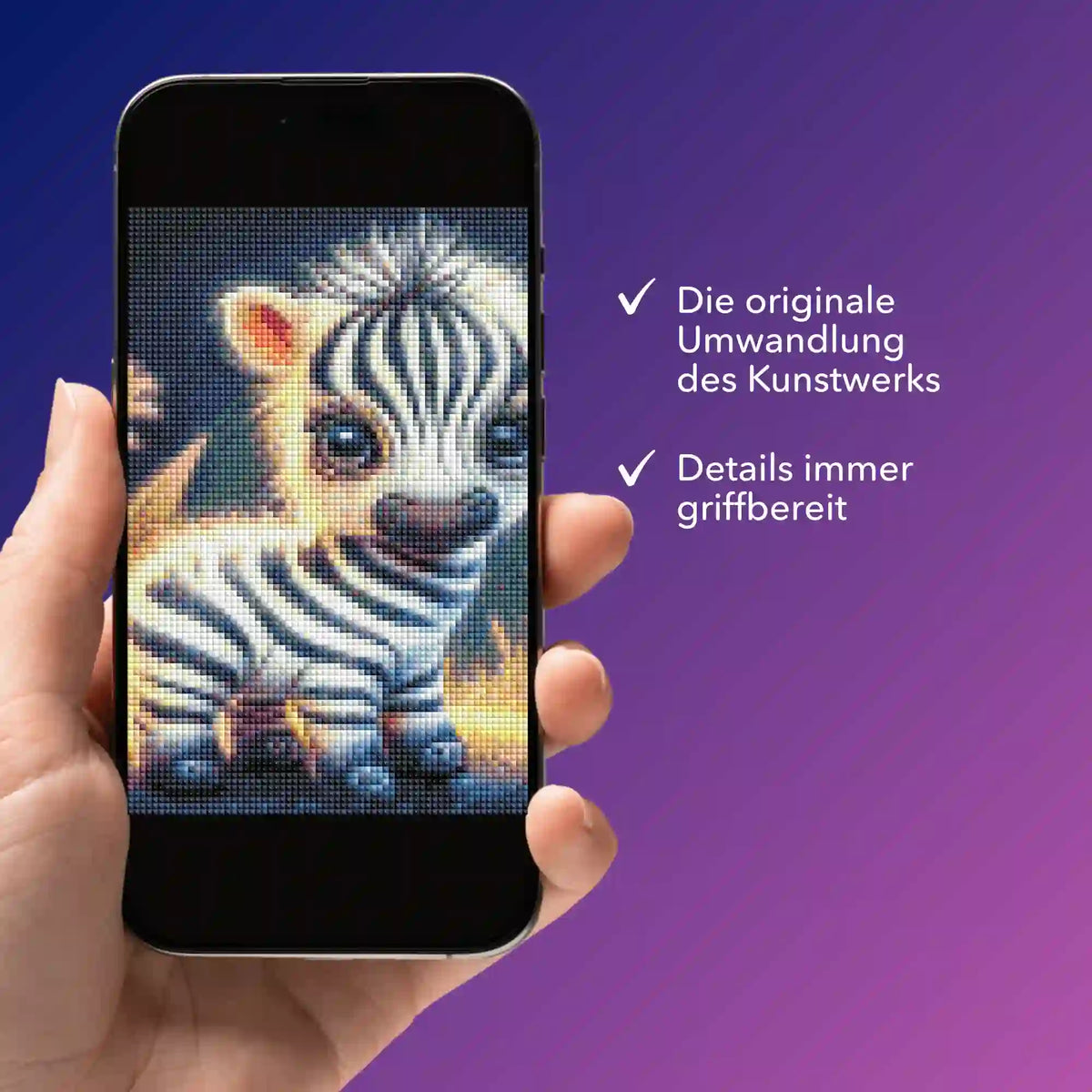 Digitale Diamond Painting Bildmappe als PDF auf Smartphone mit süßem Zebrababy Motiv zur Ansicht von Details