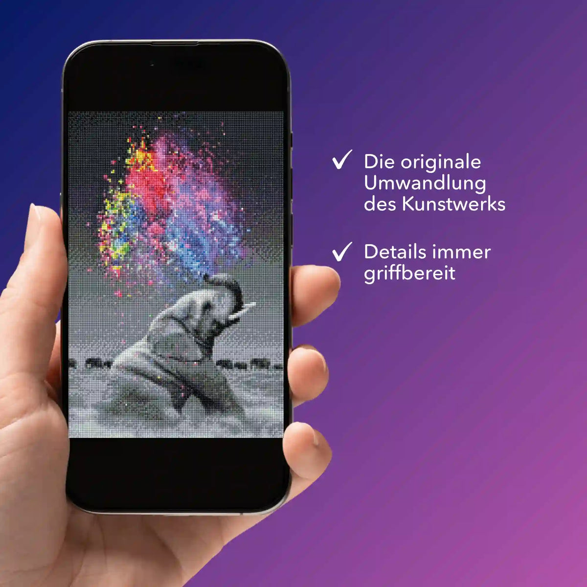 Digitale Diamond Painting Bildmappe mit buntem Elefanten Motiv Farbenspiel auf Smartphone zur Ansicht für DIY-Bastler