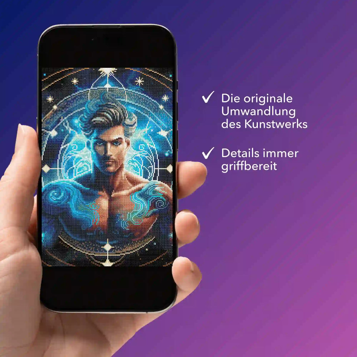Digitale Diamond Painting Vorlage Sternzeichen Wassermann auf Smartphone für dein Diamond Painting Set von Picmondoo