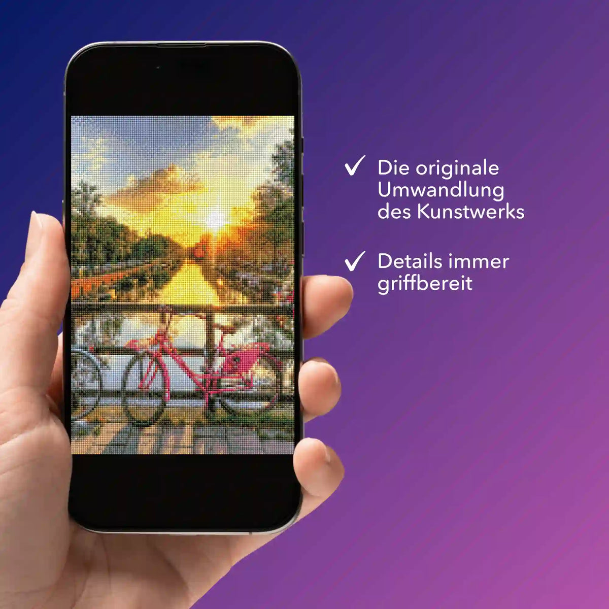 Digitale Diamond Painting Vorlage Sonnenuntergang in Amsterdam auf Smartphone als PDF für kreative DIY-Projekte