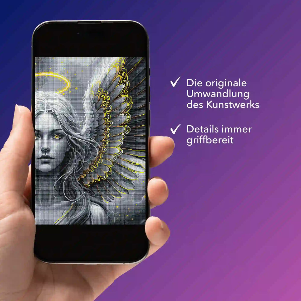 Digitale Bildmappe als PDF für Golden Angel Diamond Painting Motiv auf Smartphone zur mobilen Übersicht der Details