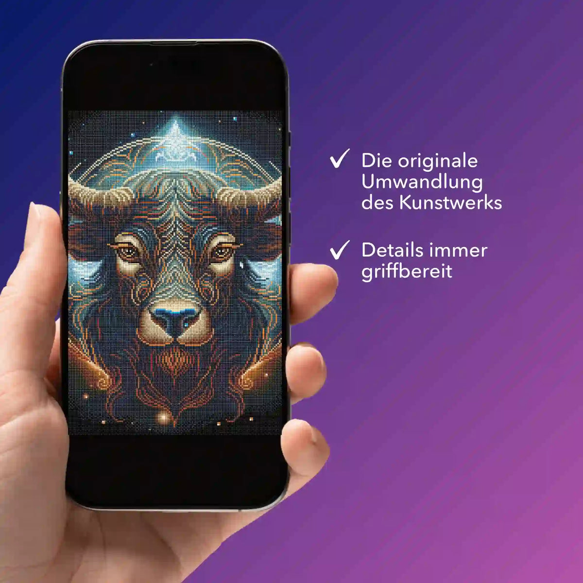 Digitale Diamond Painting Bildmappe Sternzeichen Stier auf Smartphone für optimale Details bei der Diamanten Painting Arbeit