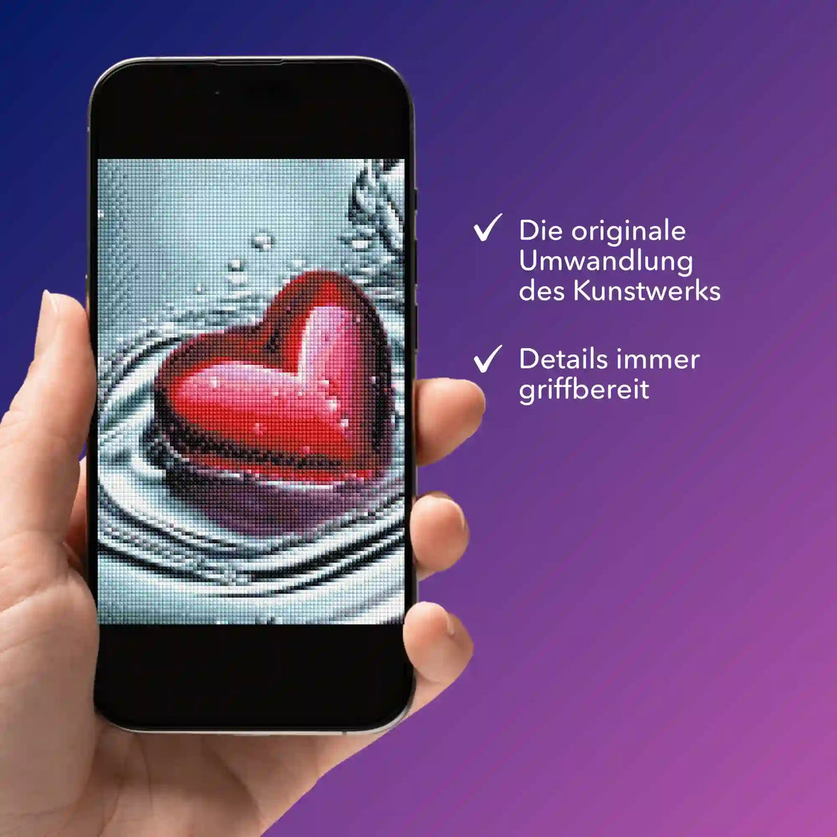 Digitale Diamond Painting Bildmappe mit Waterheart Motiv auf Smartphone für einfachen Zugriff auf alle Designdetails.