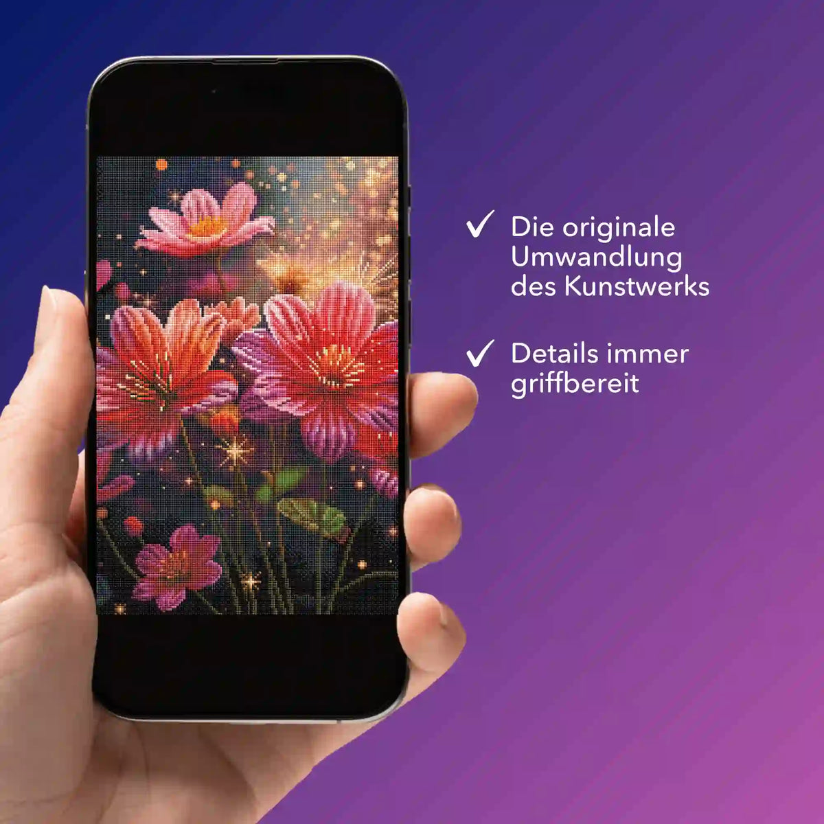 Digitale Bildmappe für Diamond Painting Flower Sparkle mit floralem Motiv auf Smartphone-Display