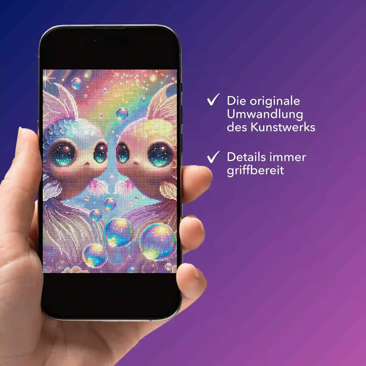 Digitale Diamond Painting Vorlage mit niedlichem Fisch-Motiv auf dem Smartphone für kreative Diamond Painting Projekte