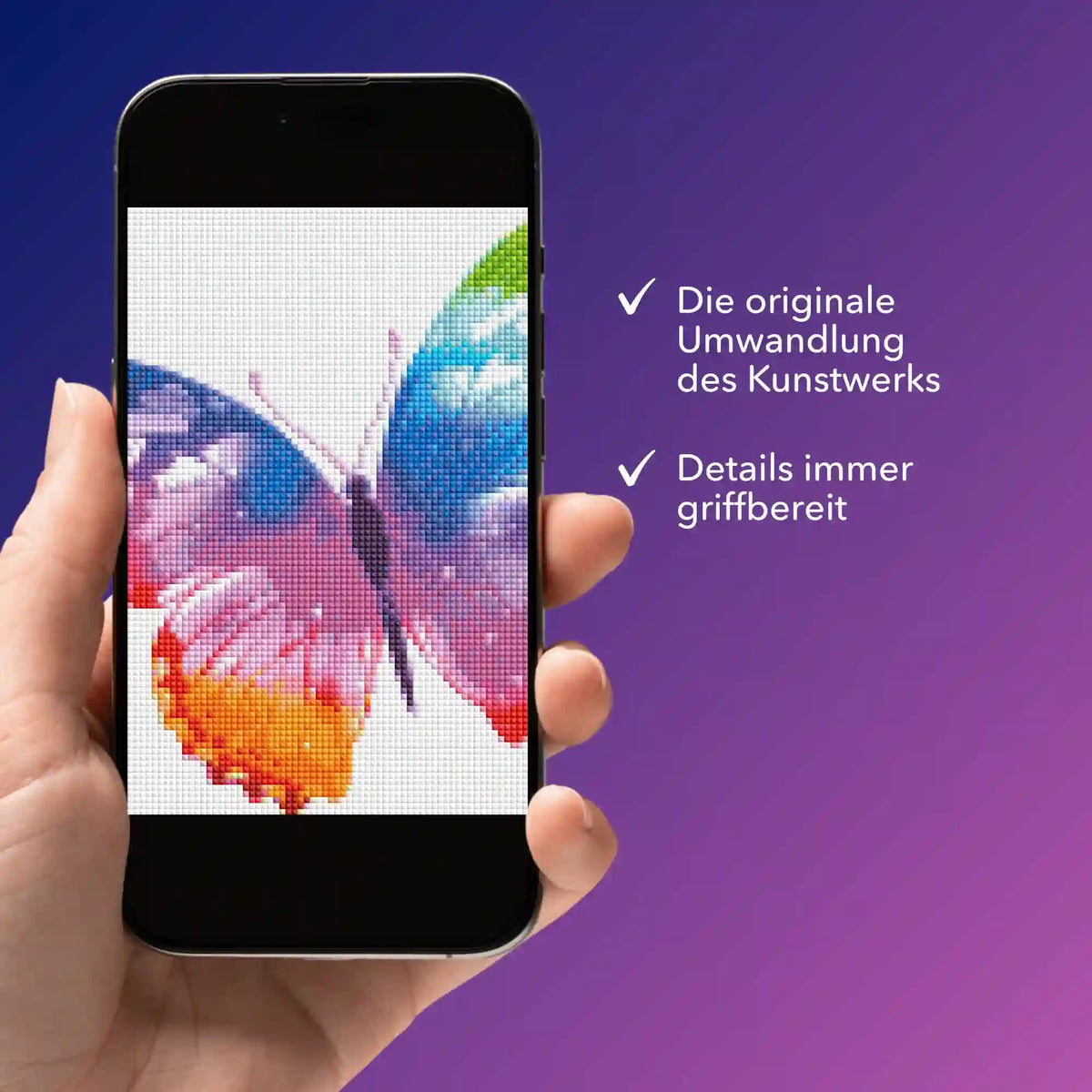 Digitale Diamond Painting Bildmappe als PDF für Schmetterling Motiv auf Smartphone-Display