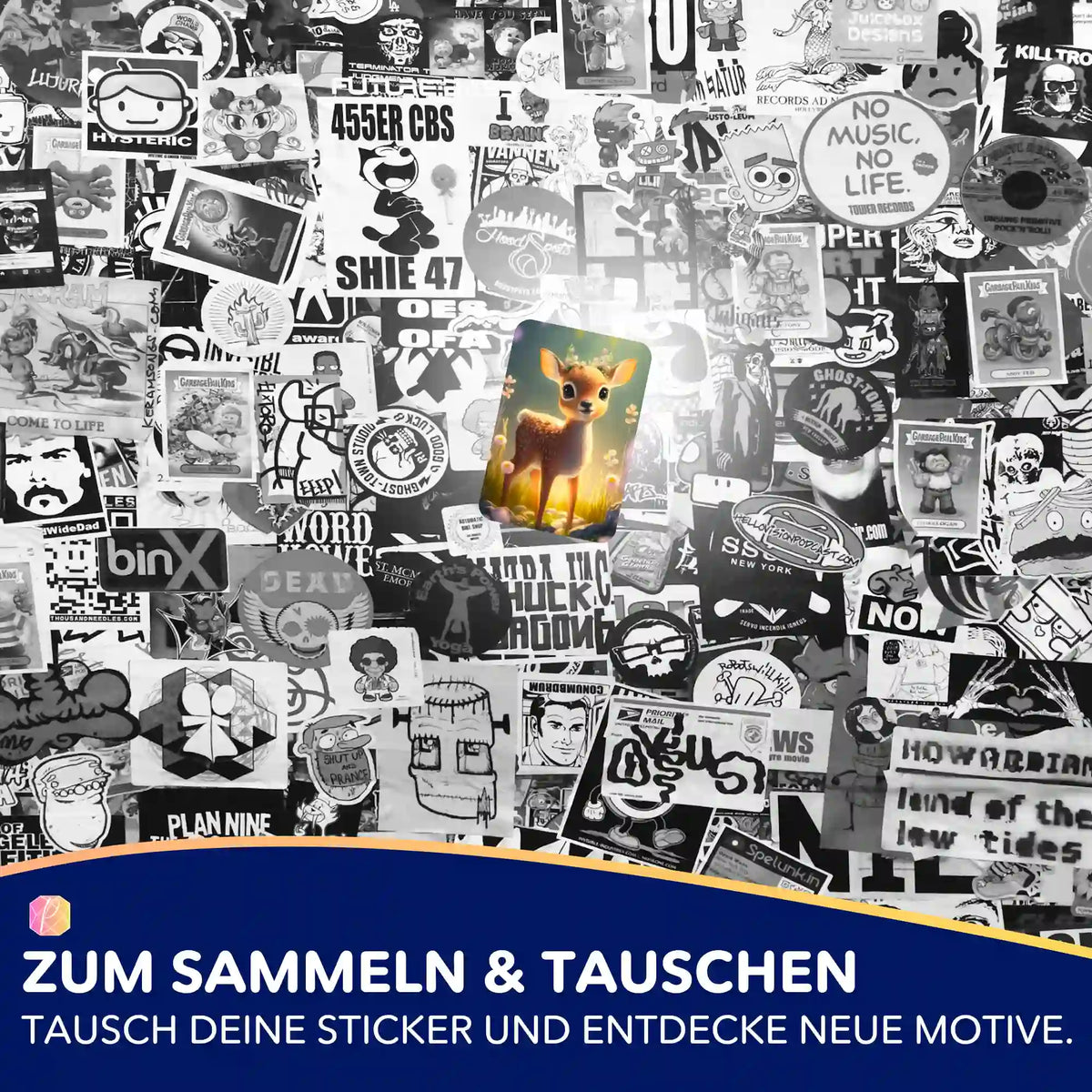 Bunter Rehkitz Sticker für Diamond Painting Zubehör und Bastelsets vor einer Collage aus Schwarz-Weiß-Aufklebern