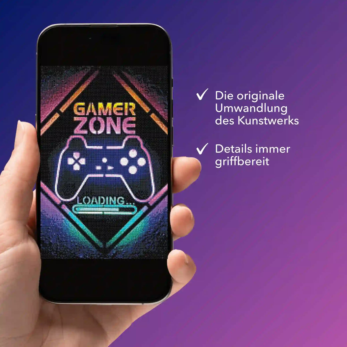 Digitale Bildmappe für Diamond Painting Gamer Zone Motiv auf Smartphone zur einfachen Vorlage der Basteldetails