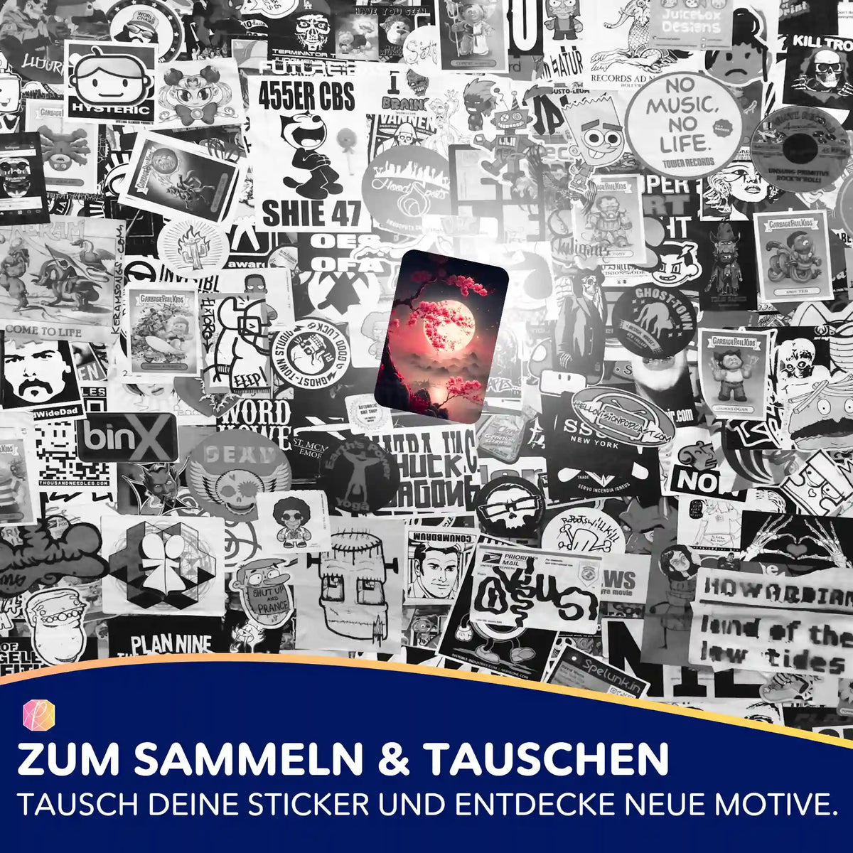 Kirschblüten im Mondschein Sticker für Diamond Painting Organisation vor schwarz-weißem Hintergrund