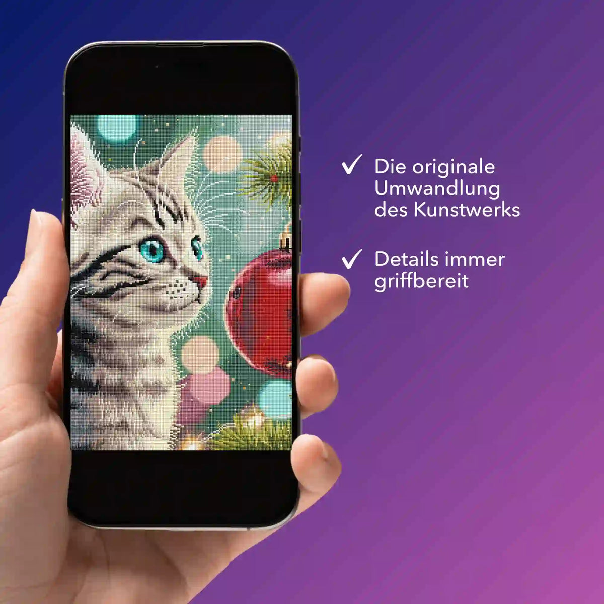 Diamond Painting Minka auf dem Smartphone: Digitale Bildmappe des weihnachtlichen Katzen-Motivs von Picmondoo.