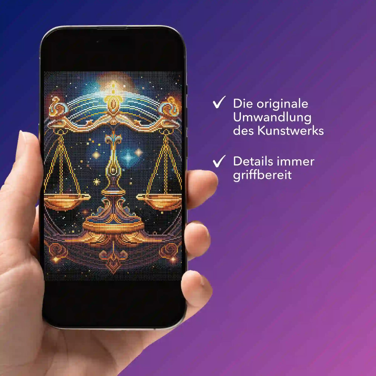 Smartphone zeigt Diamond Painting Vorlage Sternzeichen Waage als digitale Bildmappe von Picmondoo