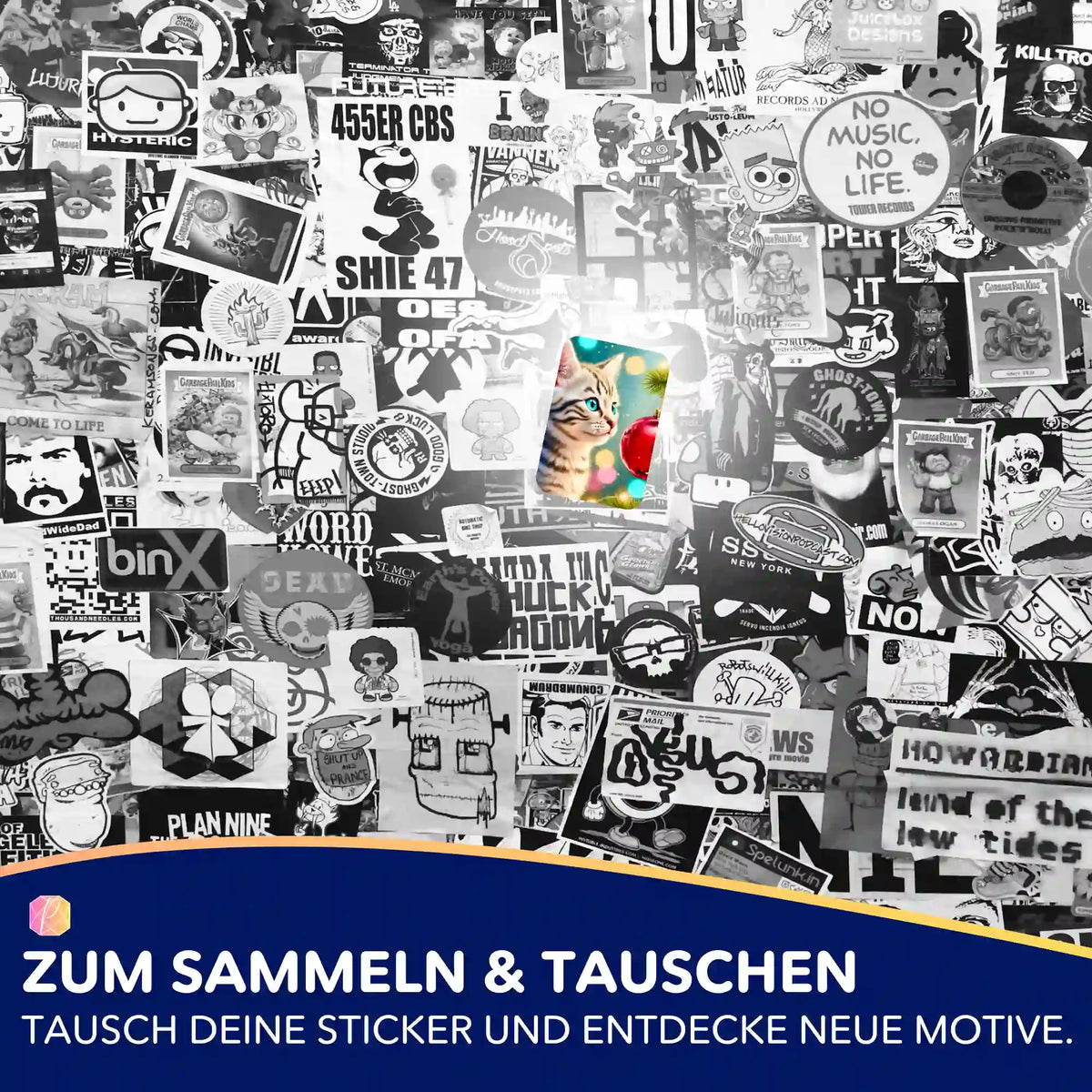 Minka Sticker aus dem Diamond Painting Zubehör-Set, bunter Katzen-Aufkleber auf einer Wand voller schwarz-weißer Grafiken.