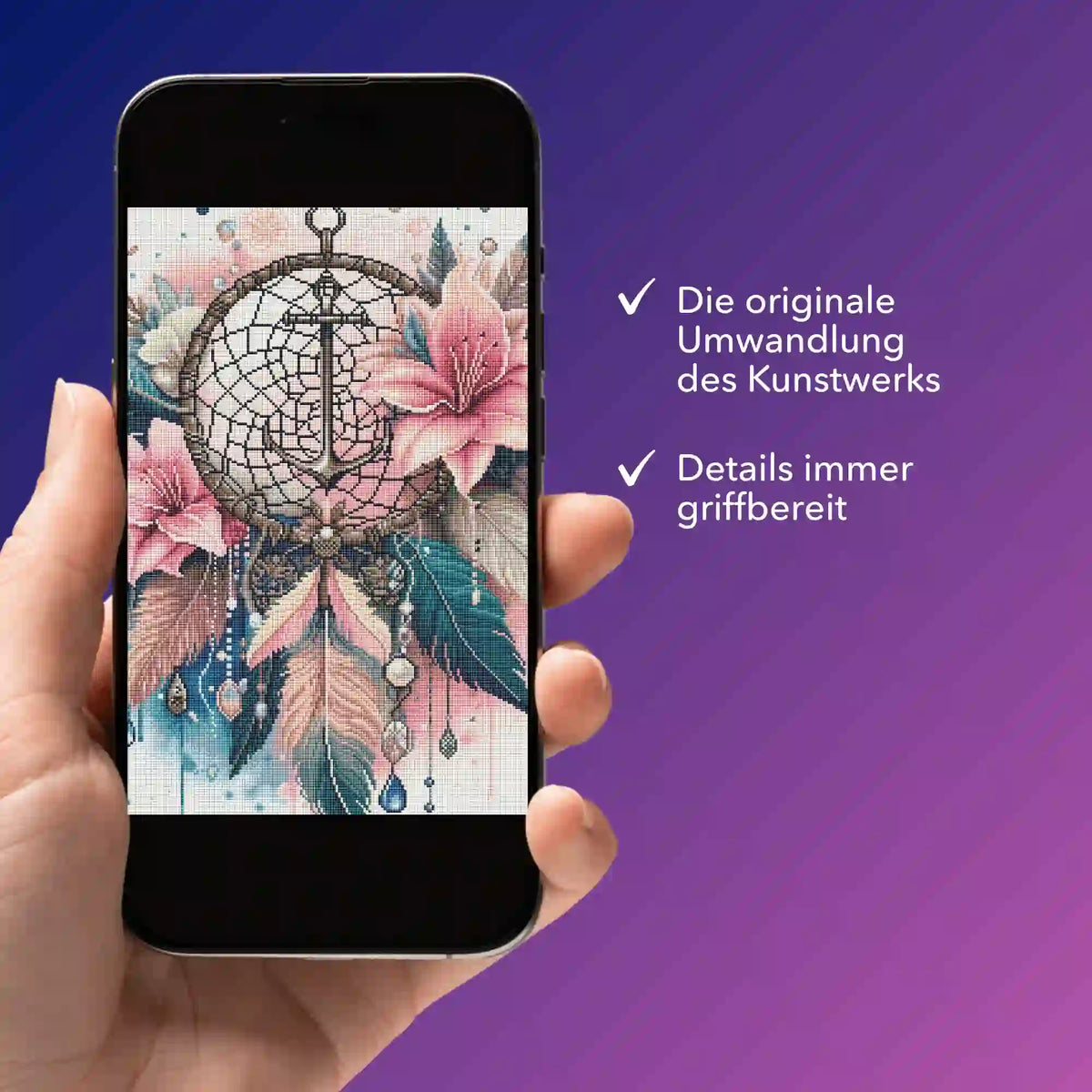 Digitale Picmondoo Bildmappe für Diamond Painting als Traumfänger-Anker-Motiv auf Smartphone-Display