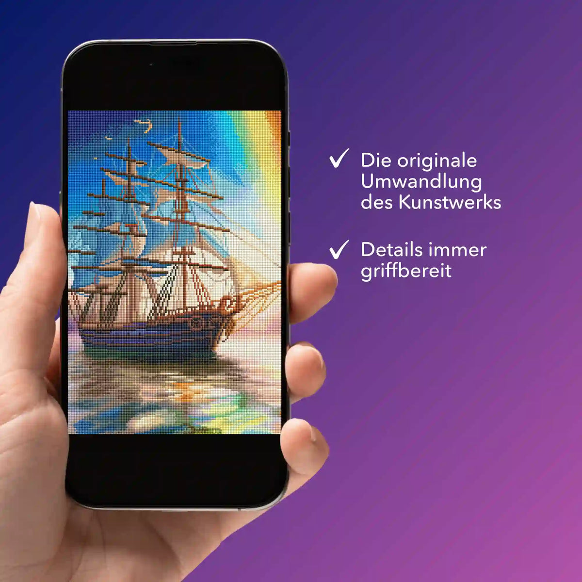 Digitale Diamond Painting Vorlage als PDF auf dem Smartphone mit einem Segelschiff Motiv für kreative Kunstwerke.