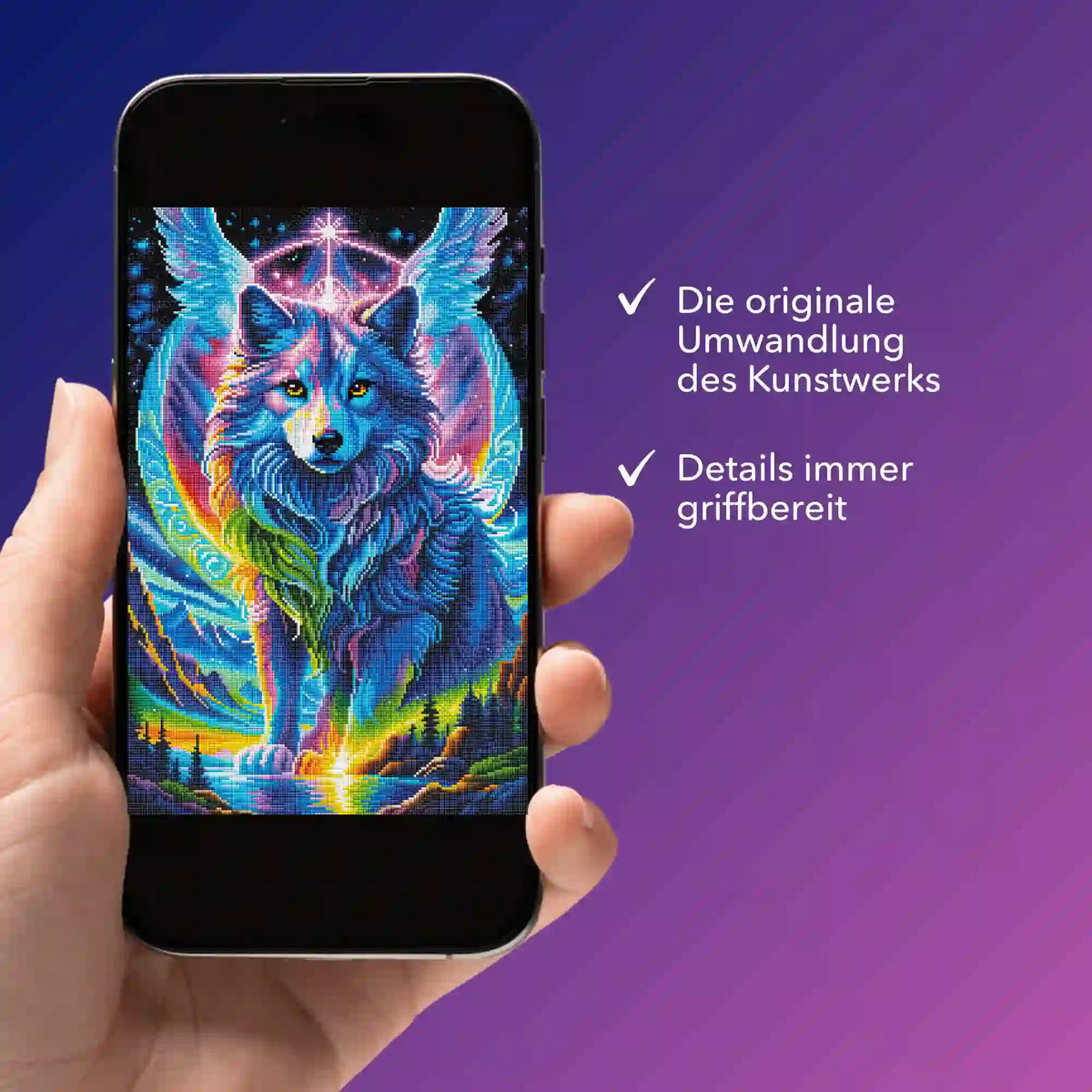 Digitale Bildmappe für Diamond Painting Motiv Geflügelter Wächter auf dem Smartphone zur Ansicht von Design Details