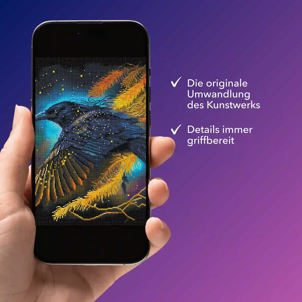 Smartphone mit digitaler Bildmappe für Hexenrabe Diamond Painting Motiv mit detaillierter Vorlage