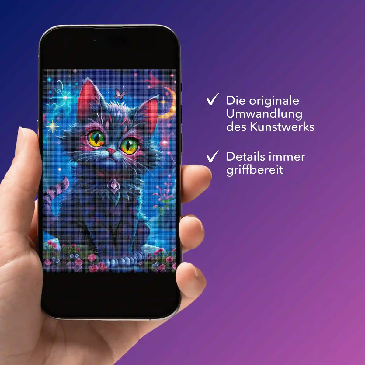 Digitale Diamond Painting Bildmappe als PDF mit dem Motiv Night Cat auf einem Smartphone angezeigt.