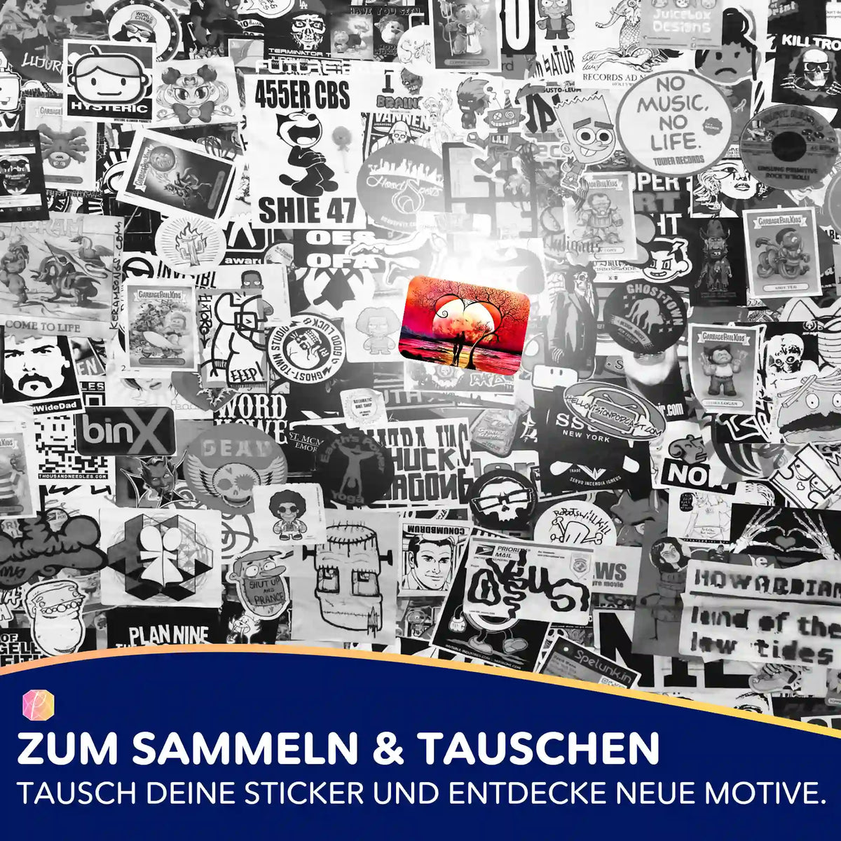 Buntes Baum der Liebe Aufkleber-Set für die Diamond Painting Organisation auf einer schwarz-weißen Sticker-Wand