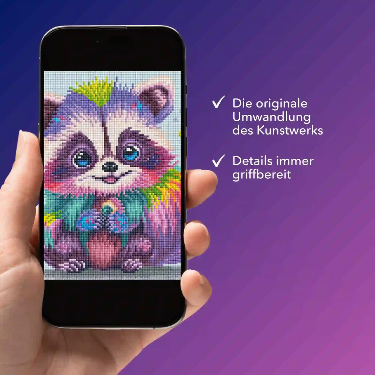 Digitale Diamond Painting Bildmappe mit süßem Waschbär Design auf einem Smartphone für kreative Diamond Painting Sets.