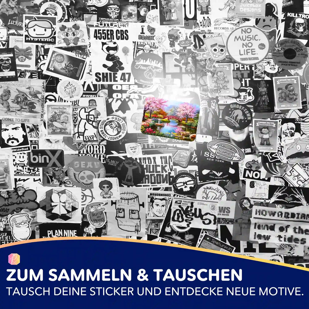Farbiger Sticker Der chinesische Garten für Diamond Painting Organisation auf Collage aus Schwarz-Weiß-Aufklebern