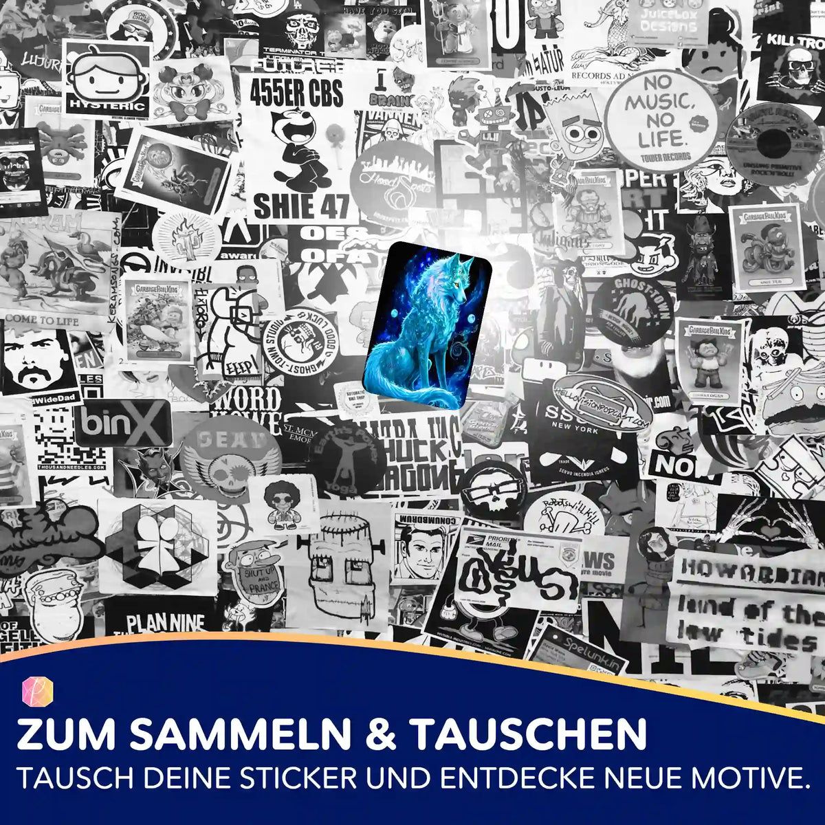 Bunter Wolf-Sticker aus dem Diamond Painting Zubehör Set von Picmondoo vor einer schwarz-weißen Sticker-Wand.