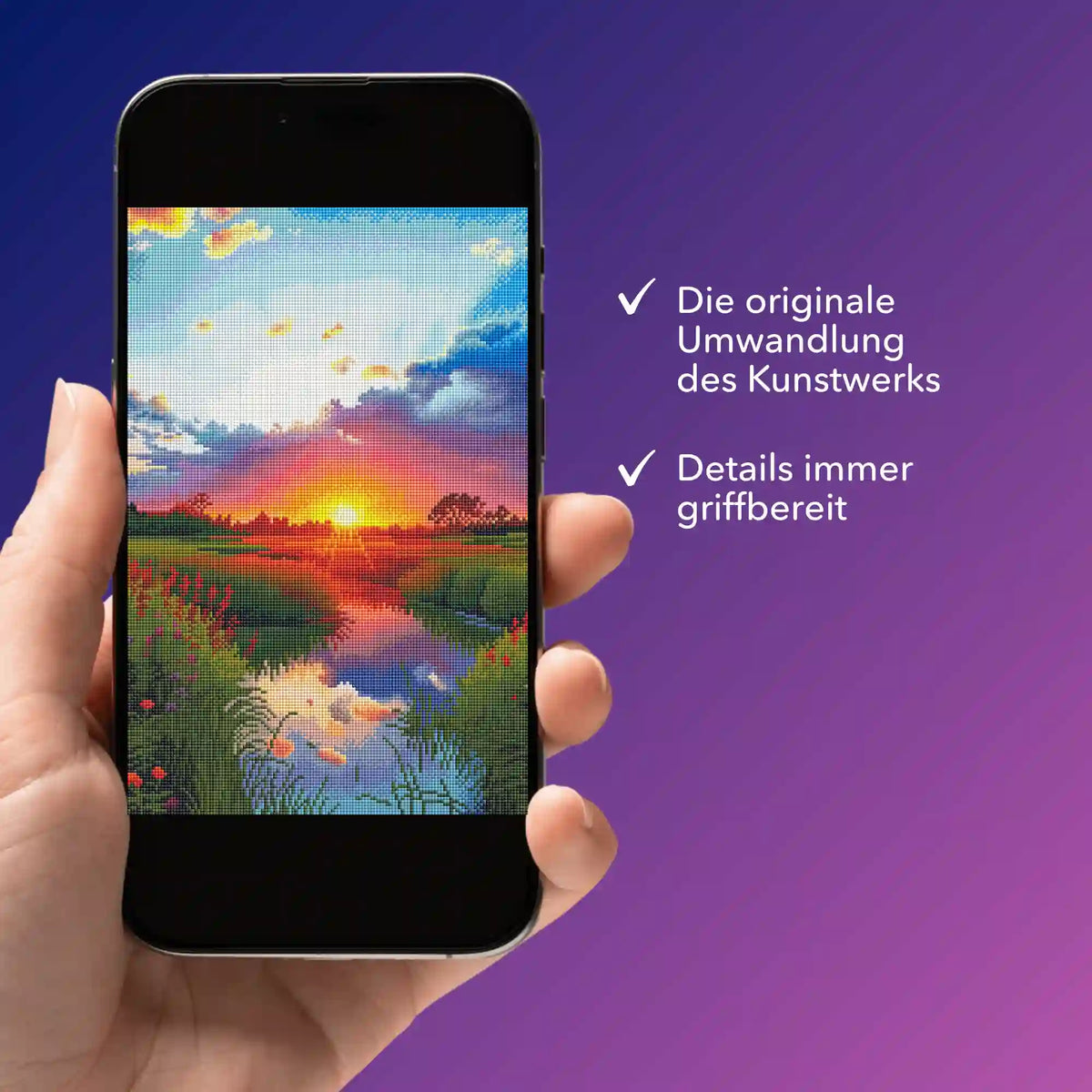 Smartphone zeigt digitale Diamond Painting Bildmappe Morgenrot mit detaillierter Vorlage für DIY Kunstwerke.