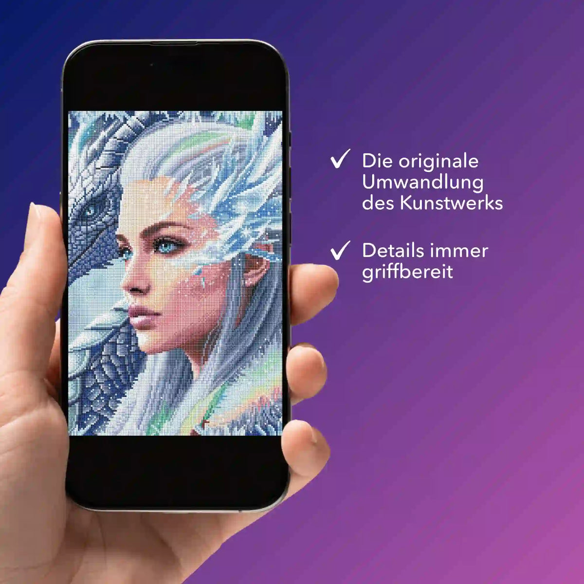 Digitale Diamond Painting Vorlage Dragon Queen als PDF auf Smartphone für komfortables Arbeiten am DIY-Set